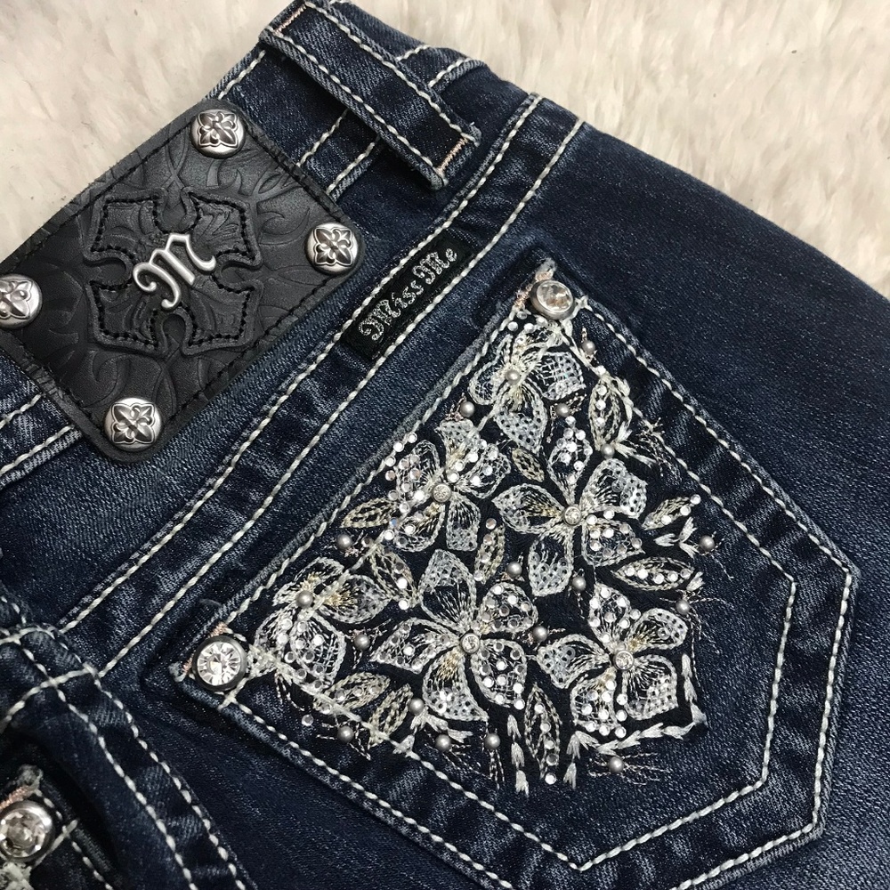 Miss Me Cuffed Skinny Jeans Foral Dark Wash Sz 24 - Picture 8 of 8